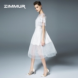 Zimmur2016早秋新款黑白纯色蕾丝网纱气质连衣裙喇叭袖中腰中长裙