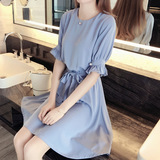夏季小清新时尚五分袖收缩腰纯色雪纺连衣裙蓝色宽松系带中裙子女