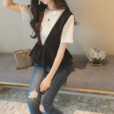 2016新春衣服韩版学院风背心V领短袖纯色T恤女装两件套时尚套装潮