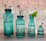 低调奢华 展口颈形 蓝色手工玻璃插花瓶 水培容器 家居装饰瓶