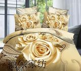 纯棉3D立体金黄色玫瑰花4件套春款床单被套活性印花全棉床上用品