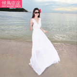 V领显瘦中长款连衣裙夏季雪纺长裙海边度假沙滩裙粉白色韩版显瘦