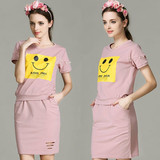 韩国春夏大码学生休闲裙套装女时尚钉珠印花笑脸运动粉色两件套潮