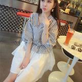 2016夏季韩版淑女装高腰条纹束腰娃娃领衬衣连衣裙欧美大牌蓬蓬裙