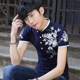 夏季新款韩版立领男士短袖t恤修身印花体恤衫大码半袖潮流男装薄