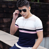 韩版夏季条纹针织衫短袖男毛织青年半袖薄款套头圆领男装修身线衣