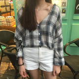 韩版女装夏季薄款棉麻长袖衬衫防晒衣大v领宽松格子上衣学生衬衣