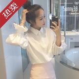 包邮春季2016韩版纯棉白色直筒泡泡灯笼袖衬衣女POLO领长袖衬衫