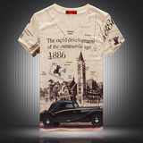 英伦欧美风夏季男士新款短袖 复古汽车钟楼图案印花韩版修身潮T恤
