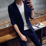 夏季韩版西装男修身薄款亚麻七分袖西装男士休闲西服中袖外套青年