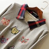 格子衬衣衫领假两2件加绒加厚保暖卡通猫刺绣花中长款套头卫衣女