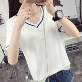 海军风韩国新款V领短袖T恤女夏学生简约纯色打底衫宽松显瘦闺蜜装