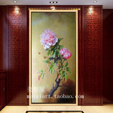 有框装饰纯手绘油画简约现代中式客厅玄关走廊富贵牡丹花卉油画