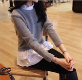 2015秋冬装新款韩版少女学院修身长袖打底衫假两件t恤学生针织衫