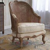 美式法式实木藤艺复古做旧单人沙发椅咖啡厅书房休闲布艺特价家具