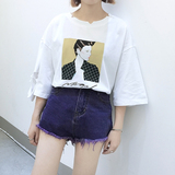 韩版学院风卡通字母印花姐妹装原宿bf学生宽松圆领七分袖T恤女潮