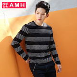 AMH男装韩版2015冬装新款潮男圆领条纹修身长袖T恤男QZ4128賽