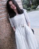 仙美显瘦镂空中袖女士裙子白色蕾丝V领连衣裙2016新款夏季中长款