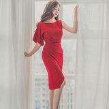 2016新款夏装连衣裙红色性感女装单袖包臀气质修身优雅名媛礼服裙
