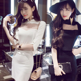 2016春秋韩版学生淑女装性感夜店两件套装裙子蕾丝透视旗袍连衣裙