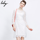 Lily2016春新款女装假两件蕾丝镂空九分袖连衣裙116120C7115