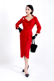 原创设计Helen&Fiona2016春秋vintage大红性感优雅气质显瘦连衣裙