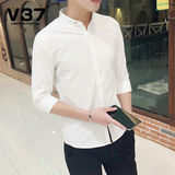 V37夏季男装男士衬衫男修身七分袖潮男衬衣青年韩版男生纯色寸衫