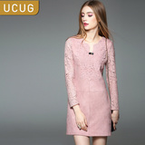 UC＆UG2016春装新款女装 长袖短裙鹿皮绒蕾丝拼接A字裙时尚连衣裙
