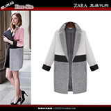ZARA正品代购15冬季新款欧洲高端拼色中长款羊绒外套毛呢大衣女装