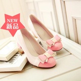 春夏季新款韩版杏色浅口粗跟女 粉红色单鞋高跟鞋蝴蝶结公主鞋子