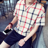 夏款男士V领格子短袖T恤青年韩版修身英伦风百搭格子半袖潮男装