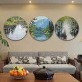 中式写生自然风景手绘油画湖泊睡莲客厅组合圆形画餐厅玄关装饰画