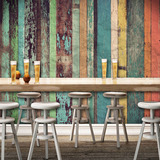 3D立体个性彩色木板木纹酒吧复古怀旧做旧咖啡厅壁纸KTV墙纸壁画