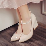 韩版2015春夏新款真皮女鞋高跟坡跟尖头手工串珍珠浅口单鞋女粉色