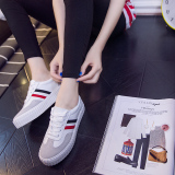 环球夏季新款韩版皮面白色帆布鞋女低帮厚底板鞋学生系带休闲鞋子