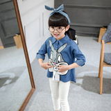 韩版童装 2016春款女童牛仔卡通可爱印花兔子长袖衬衫