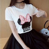 夏季新款韩国刺绣卡通亮片印花短袖T恤女半袖时尚修身显瘦上衣潮