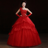 2015新款红色单肩婚纱 秋冬款韩式修身显瘦新娘齐地结婚婚纱礼服