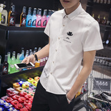 夏季男士休闲短袖衬衫学生韩版修身寸衫青年纯色潮流衬衣薄款男装