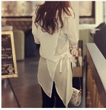 韩国代购进口正品时尚翻领前开襟不规则摆绑带长袖雪纺衬衫上衣