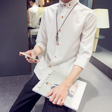 夏季韩版发型师白男士7七分袖衬衫修身男装寸衫中袖衬衣潮青少年