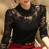 女式长袖T恤秋冬季韩版女装大码加绒加厚打底衫蕾丝高领短款小衫