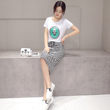 2016夏季韩版新款休闲套装短袖印花T恤+黑白条纹中长裙子半身裙女