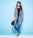 拉夏贝尔2016新款20007399春款韩版时尚中长款纯色双排扣风衣外套