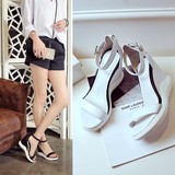 韩版2016夏季新款真皮坡跟一字扣露趾白色凉鞋女高跟搭扣黑色女鞋