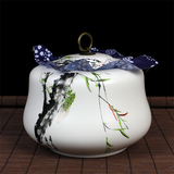 知足常乐白瓷茶叶罐密封罐手工绘竹叶陶瓷罐带盖超特大号小号储存
