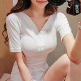 衣服女夏装纯白色短袖T恤女性感V领紧身打底上衣修身纯色收腰体恤