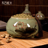 东方泥土 陶瓷客厅桌面摆件 越窑工艺手绘艺术工艺品/荷花茶叶罐