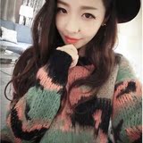 2015秋冬新款韩版短款宽松套头毛衣女迷彩拼色学生单件加厚外套