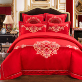 高档奢华婚庆四件套大红纯棉六件套床品床单被套刺绣结婚床上用品